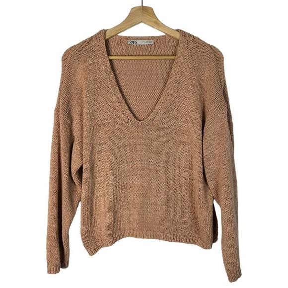 Zara Mauve Pink Fine Knit Linen V-Neck Sweater S - Picture 1 of 4